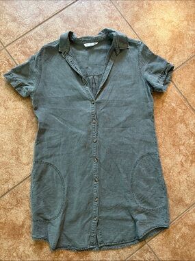 Lucky Brand Women's Washed Teal Short-Sleeve Button-Down Tunic Dress